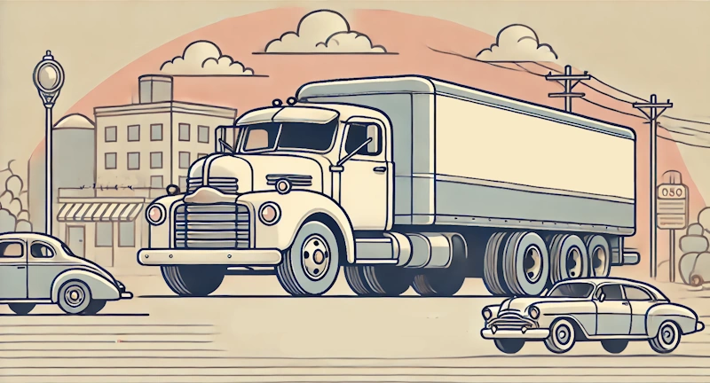 1950s commercial truck driving scene with vintage elements. The scene features a mid-20th century semi-truck