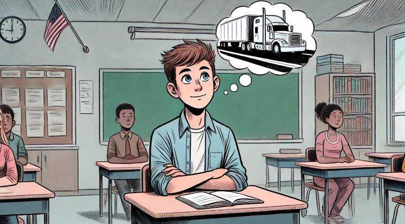 graduation age student thinking about trucking in a us classroom