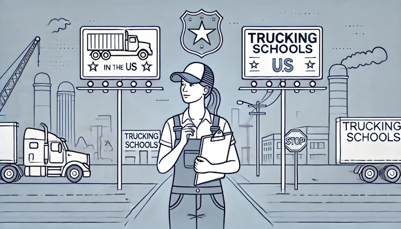 cartoon of tradeswoman standing in front of trucking schools contemplating her choice